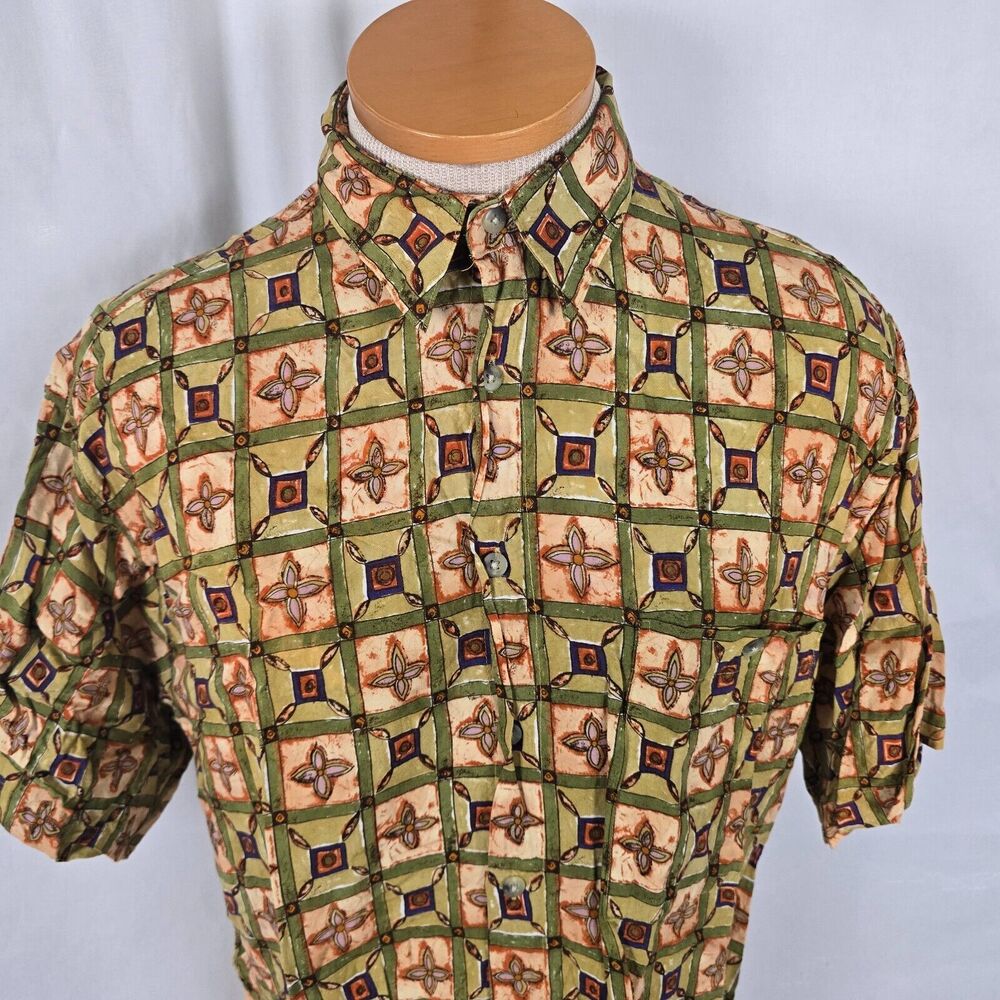 Campia Moda Shirt Men's M Green Tan Geometric Print Button Down Short Sleeve - Picture 2 of 14